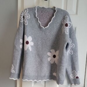 Gray Floral V-Neck Sweater